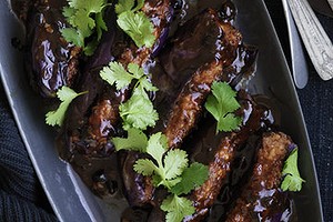 Stuffed eggplant with black bean sauce.