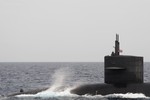 ATLANTIC OCEAN (June 6, 2012) The Ohio-class ballistic-missile submarine USS Wyoming (SSBN 742) is underway. Wyoming surfaced to accept Midshipmen for professional training and to conduct a proof of concept for personnel evacacuation from a submarine witha V-22 Osprey.