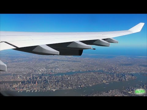 Lufthansa A340-300 Scenic Takeoff from Newark 22L w/ Stunning NYC views!