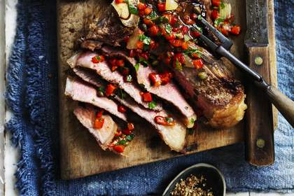 Neil Perry's barbecue T-bone with red pepper and lemon salsa.