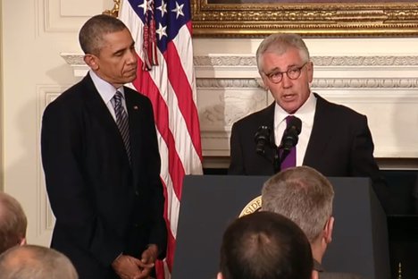 Defense Secretary Chuck Hagel discusses his resignation during a news conference with President Barack Obama at the White House in Washington, D.C., Nov. 24, 2014.