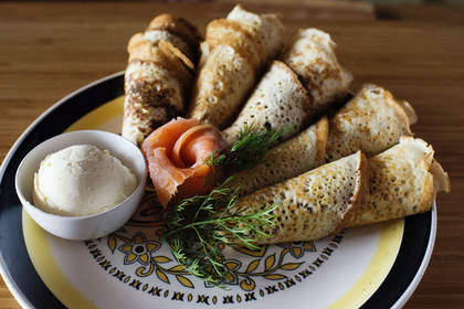 Russian Blini with smoked salmon, dill and cream at Izba Russian Treats.