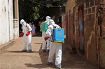 In this photo taken Friday, Nov. 14, 2014, health workers spray disinfectant around a mosque after the body of a man suspected of dying from the Ebola virus was washed inside before being berried in Bamako, Mali.