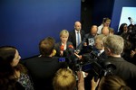 File - Sweden's Foreign Minister Margot Wallstrom talks to the media Thursday Oct. 30, 2014, at the government building Rosenbad, in Stockholm, after Sweden's new government officially recognized a Palestinian state.