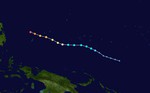 Track map of Typhoon Hagupit of the 2014 Pacific typhoon season. The points show the location of the storm at 6-hour intervals.