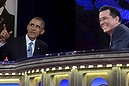 President Barack Obama talks with Stephen Colbert of The Colbert Report during a taping of The Colbert Report program in Lisner Auditorium at George Washington University in Washington, Monday, Dec. 8, 2014. (AP Photo/Susan Walsh)