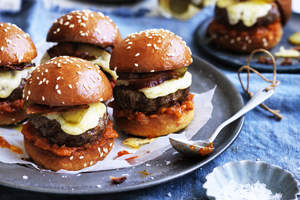 Beef sliders with bacon, gruyere and pickles.