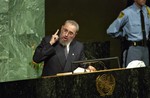 File - Fidel Castro Ruz, President of the Council of State and of the Government of Cuba, addresses the Millennium Summit of the United Nations, New York, 6 September, 2000.