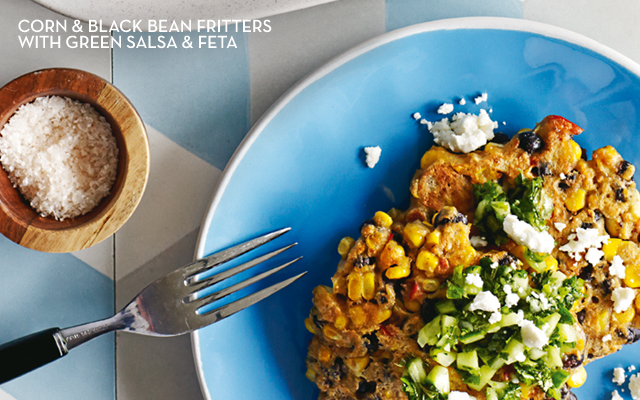 Corn & black bean fritters with green salsa & feta