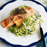 Salmon & crackling on barley & fennel salad