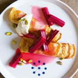 Coconut pancakes with rhubarb & whipped cream cheese