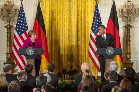 President Barack Obama and Chancellor Angela Merkel of Germany participate in a joint press conference in the East Room of the White House, Feb. 9, 2015.