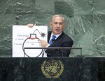 File - Benjamin Netanyahu, Prime Minister of Israel, addresses the general debate of the sixty-seventh session of the General Assembly, United Nations, New York, 27 September, 2012.