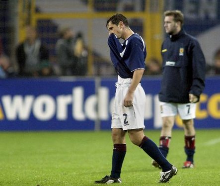  Scotland&acute;s Jackie Mcnamara, left, and his teamate James Mcfadden, right, react after their Group 5 EURO 2004 qualifying match between Germany and Scotland at the Westphalia stadium in Dortmund, Germany, Wednesday, Sept. 10, 2003. The match ended 2-