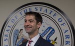 Sen. Tom Cotton, R-Ark. poses for photographers in his office on Capitol Hill in Washington, Wednesday, March 11, 2015. The rookie Republican senator leading the effort to torpedo an agreement with Iran is an Army veteran.