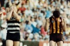 Deja vu: Chris Langford celebrates the Hawks’ last back-to-back flag in 1989, while Gary Ablett suffers.