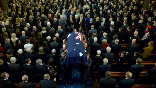 Malcolm Fraser's coffin is carried out during the State funeral of former Prime Minister Malcolm Fraser at Scots' church in Melbourne. 27th March 2015. 