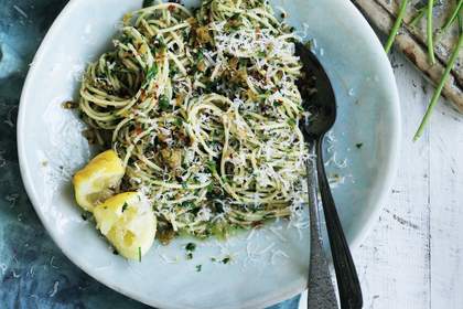 Simple but delicious .. Neil Perry's spaghetti with garlic, pangrattato and olive oil.