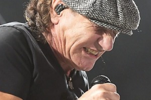 Brian Johnson (L) and Angus Young of AC/DC perform onstage during day one of Coachella.