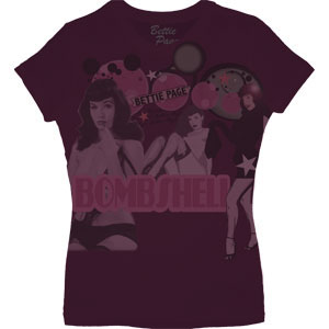 Bettie Page- Bombshell on a maroon girls fitted shirt