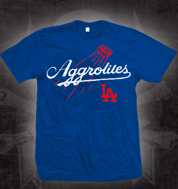 Aggrolites- Dodger Logo on a blue shirt