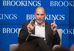 Greek Finance Minister Yanis Varoufakis speaks at the Brookings Institution in Washington, Thursday, April 16, 2015.