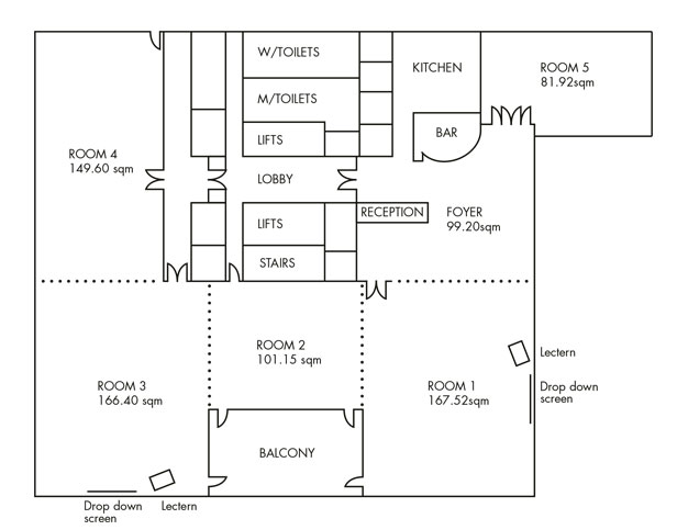 Drawn map of the City Convention Centre floor plan.