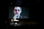 File - Edward Snowden talks with Jane Mayer via satellite at the 15th Annual New Yorker Festival on Saturday, Oct. 11, 2014 in New York.