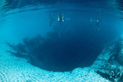 sixpenceee:

The Great Blue Hole is an underwater sinkhole off the coast of Belize. The hole is 1,000 feet across and 400 feet deep. It was formed as a limestone cave during the last ice-age.
Source: Listverse

How many kaijus are in there?