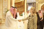 File - U.S. Secretary of State Hillary Rodham Clinton is greeted by Foreign Affairs Minister Prince Saud al-Faisal of Saudi Arabia in Riyadh on March 30, 2012.