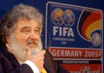 FILE - In this Feb. 14, 2005, file photo, Confederation of North, Central American and Caribbean Association Football (CONCACAF) General Secretary Chuck Blazer looks on during a news conference.