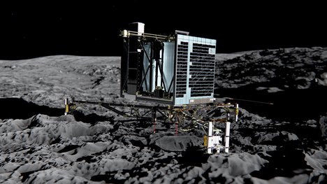 File - Artist's impression of Rosetta's lander Philae (back view) on the surface of comet 67P/Churyumov-Gerasimenko.