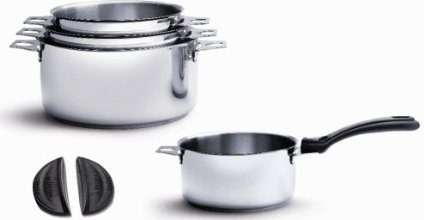 De Buyer 3491.04 'Twisty' Lot de 4 Casseroles-Faitouts Ø 14/16/18/20 cm + 1 queue noire + 1 paire de clips silicone noirs