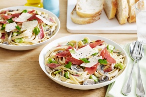 Creamy fettuccine with prosciutto, broad beans and mushrooms