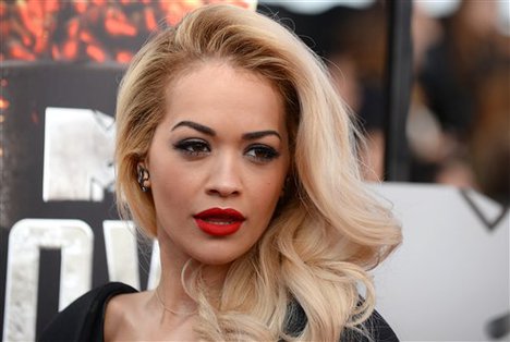 Rita Ora arrives at the MTV Movie Awards on Sunday, April 13, 2014, at Nokia Theatre in Los Angeles.