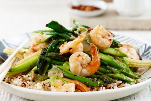 Prawn, asparagus and baby corn stir-fry