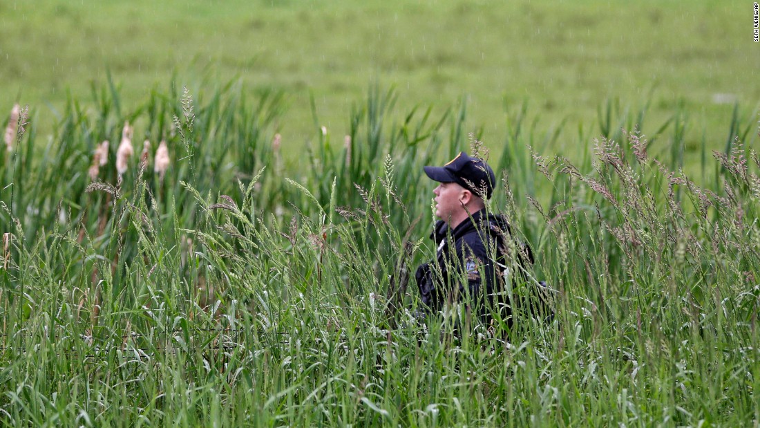 An officer walks through a swampy area near Essex on June 9.