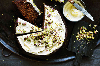 Ginger cake with lemon and pistachio icing.
