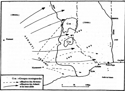 Carte 2. Offensives des Akwamu puis des Ashanti et de leurs alliés vers l’est du XVIIe au XIXe siècles