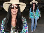 Cher wearing a colorful top and hat and jeans arriving at LAX from London in a great mood.  Sunday, July 12, 2015. X17online.com