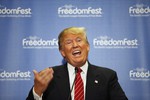 Republican presidential candidate Donald Trump speaks at a news conference at FreedomFest Saturday, July 11, 2015, in Las Vegas.