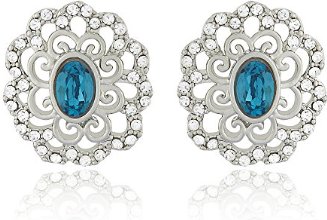 Mahi Rhodium plated Blue Crystal Paradise Flower Earrings Made with Swarovski Elements for Women ER1194125RBlu