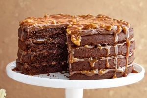 Chocolate and salted peanut caramel layer cake