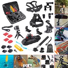 Neewer&reg;21 en 1 Esencial Kit de accesorios Deportivos al aire libre para GoPro HD Hero4 Black/Silver Hero 1 2 3 3+ 4, SJ4000, Incluye: Estuche de transporte protectora + telesc-pica Monopod de mano + ajustable Mini tr'pode + Correa de Cabeza + Cintur-n de pecho + correa para mu-eca + (4) Adhesivo + (2) superficie adhesiva montaje con adaptador + montaje de ventosa + montaje de manillar de Bicicleta + montaje de 180 grados de rotaci-n + Flotante montaje de manillar + (2) montaje de superficie J-gancho + Montaje de Tornillo tr'pode con adaptador + (3) Tornillos + llave