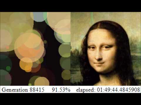 Mona Lisa approximated with 150 circles through hill climbing genetic algorithm