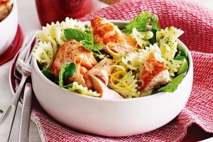 Salmon farfalle with mint and almond pesto