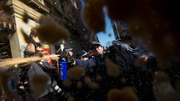 Police pepper spray photographers at the July 18 counter demonstration. Image credit Wardenclyffe Photography.