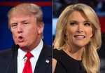 This combination made from Aug. 6, 2015 photos shows Republican presidential candidate Donald Trump, left, and Fox News Channel host and moderator Megyn Kelly during the first Republican presidential debate at the Quicken Loans Arena, in Cleveland.