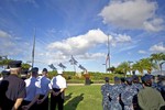 U.S. Navy Capt. Jeffery James, Joint Base Pear Harbor-Hickam (JBPHH), commander gives remarks to service members and civilian first responders near the