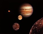 File - Jupiter and its four planet-size moons, called the Galilean satellites, were photographed in early March by Voyager 1 and assembled into this collage. They are not to scale but are in their relative positions.